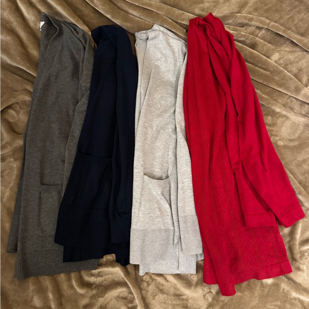 Set of Four Long Cardigans - Gray, Navy, Light Gray, Red